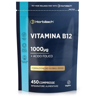 Immagine di Vitamina B12 e Acido Folico 1000mcg 15 Mesi di Scorta 450 Compresse Vegane Integratore Difese Immunitarie Stanchezza Alto Dosaggio Horbaach