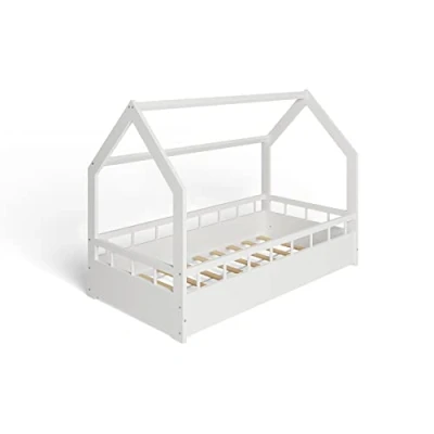 Immagine di MS FACTORY Letto Casetta in Massello 80x160cm con Telaio a Doghe per Bambini Singolo Sponda Anticaduta Stile Scandinavo Nordico Montessori Barriere Bianche