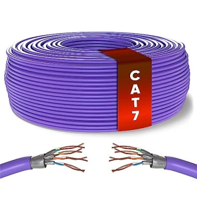 Immagine di Mr. Tronic Cavo Ethernet Cat 7 da 25m, 100% rame alta velocità Ethernet, di rete LAN sfuso rotondo per interni senza connettori Rj45 28AWG, schermato SFTP Internet (25 Metri, Viola)