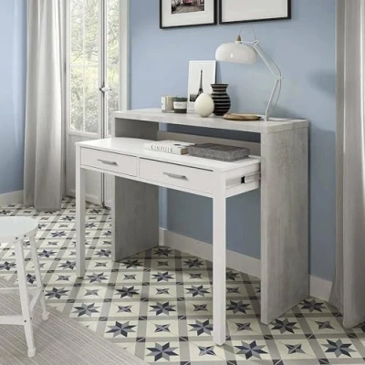 Immagine di Dmora Scrivania consolle Due cassetti, cm 88 x 99 36 (Estensibile Fino a 66 cm), Colore, Bianco e Cemento
