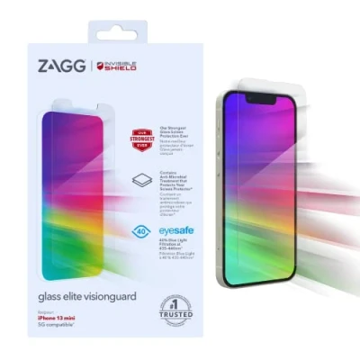Immagine di ZAGG InvisibleShield Elite VisionGuard Pellicola protettiva in vetro per Apple iPhone 13 mini (schermo), antimicrobico, protezione dagli urti, resistente ai graffi, filtro luce blu