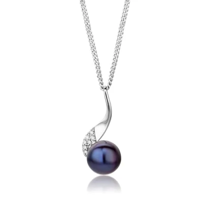 Immagine di MIORE Collana Donna Argento, Catena con Ciondolo di Perla Grigia Coltivata d&#039;Acqua Dolce e Zirconi in Argento 925. Catenina Grumetta Lunga Cm 45. Pendente anallergico.