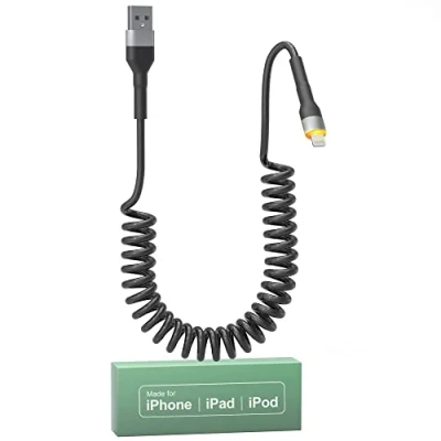 Immagine di Cavo Lightning Spirale, Carplay e Certificato MFi, i Phone USB Retrattile per la Sincronizzazione Veloce dei Dati con LED, compatibile Apple iPhone/Pad/Pod, Nero