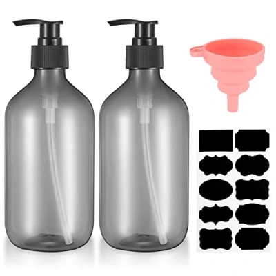 Immagine di 2 Pezzi Bottiglie Vuote Pompa a Pressione, 500 ml Dispenser Contenitore di Sapone Plastica, Flacone Dosatore Vuoti per Shampoo Lozioni Bagno Cucina, con Etichetta Imbuto Grigio