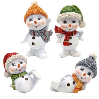 Immagine di Dekohelden24 Bambino neve con cappello e sciarpa in verde, arancione, rosso grigio, set da 4 pezzi, lunghezza 4,7 x 8 cm, cm
