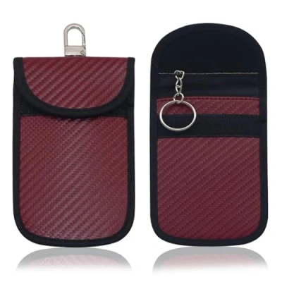 Immagine di JSUOEO Keyless Go Custodia protettiva per chiavi auto, 2 pezzi, con schermatura RFID, in fibra di carbonio, pelle Faraday (rosso)
