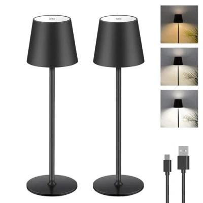 Immagine di Lampada da Tavolo Dimmerabile a Batteria LED, Senza Fili Touch con USB C, Scrivania Ricaricabile LED in Metallo per Uso Esterno e Interno, Alluminio, IP44, 5600mah, Nero