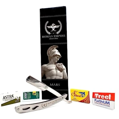 Immagine di Rasoio a Mano Libera Mars di Roman Empire Shaving per Uomo Professionale da Barbiere Barba, Baffi e Contorni con Set 20 Lamette (Astra Derby Shark Treet)