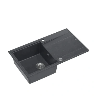 Immagine di QUADRON lavello nero e acciaio dimensioni 86 x 50 21 cm in granito EVAN 111 a vasca singola con sifone scolapiatti manuale da incasso 1