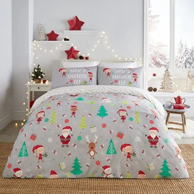 Immagine di Fusion Christmas Set copripiumino reversibile con elfo e Babbo Natale, per letto king size, colore: grigio, EFSGY31PGU