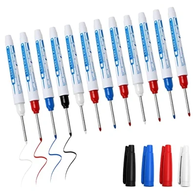 Immagine di Pilikoll 12pcs Pennarelli Multiuso per Fori Profondi Pennarello Indelebile a Punta Fine 30mm Penna Falegname Segnare in Luoghi Profondi,Nero Blu Rosso Bianco
