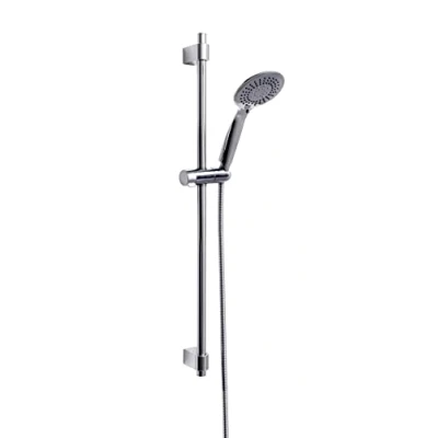 Immagine di Wenko Set Doccia Young, Soffione con 5 Tipi di Getto, Asta per in Acciaio Inox e Tubo Flessibile, Adatto Riscaldatore Flusso, Collegamento Universale ½“, 66 Cm, Argento Lucido