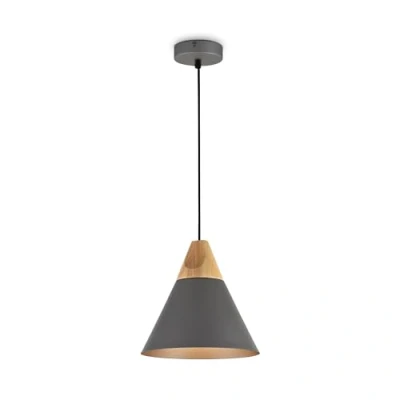 Immagine di Moderna Lampada pendente a sospensione da Soffitto, per interni, Design nordic, in metallo nero chiaro e legno, paralume cono, filo lungo, altezza regolabile 1 lampadina E27 60W 220 240V non incl