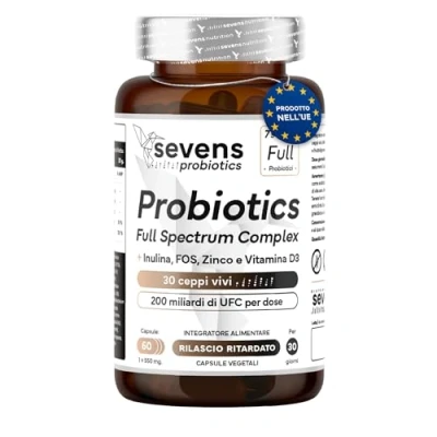Immagine di Fermenti Lattici Probiotici per Intestino 200 Miliardi di UFC 30 Ceppi e Prebiotici Inulina, FOS + Zinco Vitamina D3 Donna Uomo Con Lactobacillus Gasseri Sevens
