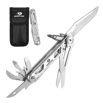 Immagine di Mossy Oak Coltello Multiuso 12 in 1, Strumento Multifunzionale Acciaio Inossidabile con Coltello, Cacciavite, Apribottiglie per il Campeggio, la Riparazione, Leggero Custodia da Cintura