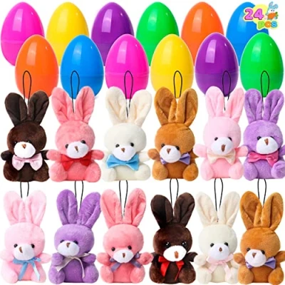 Immagine di JOYIN 24 uova di Pasqua farcite con coniglietti peluche da 3,2&quot;, colorate, pre riempite 4,5&quot;