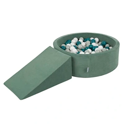 Immagine di KiddyMoon Area di Gioco in Schiuma con Tondo Piscina Palline per Bambini (200 Palline) + Cuneo, Verde del Bosco: Tuchese Scuro/Verde Grigio/Bianco