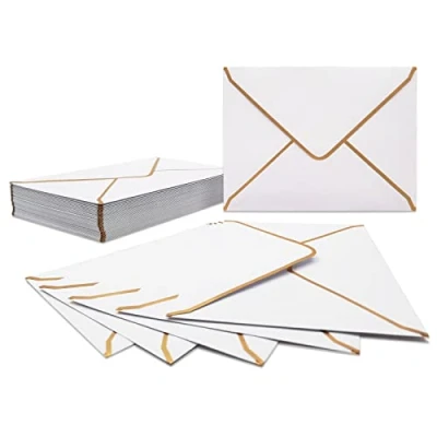 Immagine di LYHLYA 50 buste per inviti, 18,5 x 13,5 cm, in miniatura, con chiusura a V, bordo pellicola dorata, matrimoni, feste, biglietti di auguri