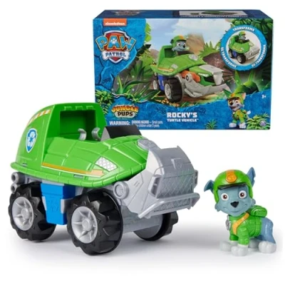 Immagine di Paw Patrol Jungle Pups, Rocky Snapping Turtle Vehicle, camion giocattolo con action figure da collezione, giocattoli per bambini ragazzi e ragazze dai 3 anni in su