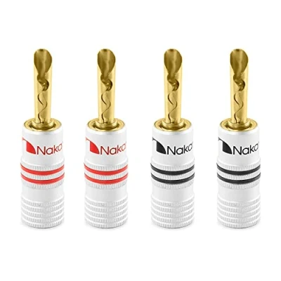 Immagine di Nakamichi connettori a banana BFA 12 18 AWG 4 mm placcati in oro 24 K adattatore spina per altoparlanti cablati, piastra parete e amplificatore HiFi pezzi (2 paia)