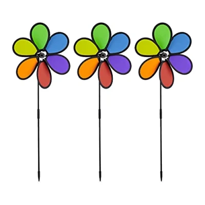 Immagine di Relaxdays Girandola a Vento, Set da 3, Forma Fiore, Giardino e Balcone, Gioco per Bambini, HLP: 67x28x6 cm, Colorata