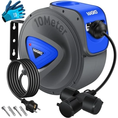 Immagine di MASKO® Avvolgicavo automatico Cavo di prolunga con collegamento a 3 vie Ruotabile 180 da 1,5 m Staffa muro officina Avvolgitore corrente Incl. guanti 10