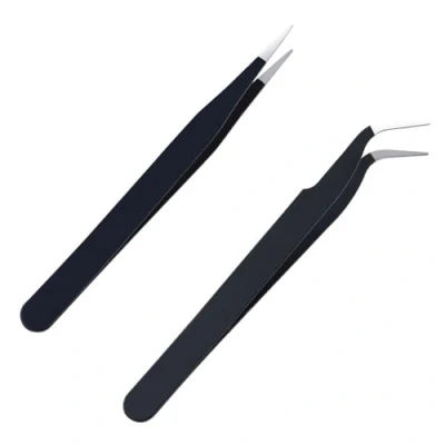Immagine di iCovalescent 2 Pezzi Pinzetta, Pinzette Diritto e Curvo Tip Pinza, Pinzetta Extension Ciglia, per Estensioni DIY(Nero)