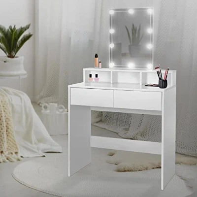 Immagine di ML Design Toeletta Tavolo Postazione da Trucco con Specchio a Luci LED Rettangolare e 2 Cassetti 80 x 40 140 cm Bianco Moderno 3 Scomparti Aperti Portaoggetti Specchiera per Cosmetici
