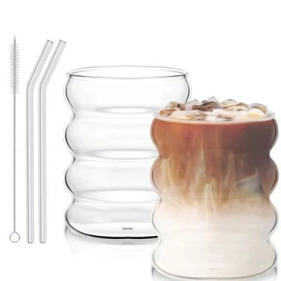 Immagine di bicchieri scanalati da 300 ml, set di 2 caffè con cannucce vetro a costine, per gastronomia, acqua, succhi frutta, birra, universali