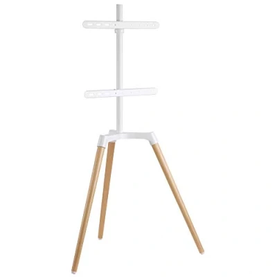 Immagine di EasyLife Treppiede per TV cavalletto di design, supporto schermi fino a 65&quot; e 35kg, orientabile 140, regolabile in altezza, con gestione dei cavi, VESA 400x400 (bianco/faggio)