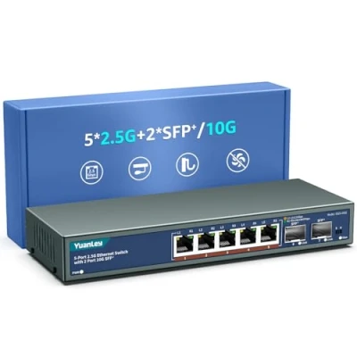 Immagine di 7 Porte 2,5G Switch Ethernet Umanaged, 5 Port Base T, 2 10G SFP, Compatibile 10/100/1000M, Metallo Senza Ventola, di Rete YuanLey 2,5Gbe da Tavolo/Muro per AP Wireless, NAS, PC