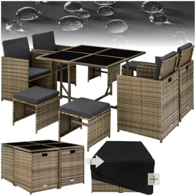 Immagine di TecTake® Set di Mobili in Rattan Bilbao, 4 Sedie e Sgabelli con Tavolo, Struttura Acciaio Poly Resistente, Ideale per Giardino Terrazzo, da Esterno Naturale