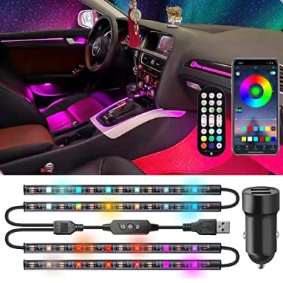 Immagine di luci LED interni auto, DC5V, presa USB, caricatore per striscia luminosa 5050 multicolore, illuminazione ambientale, con controllo APP &amp; Remote Control, luce auto