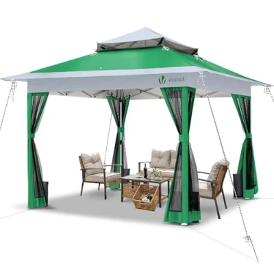 Immagine di VOUNOT Gazebo da Giardino Esterno 3.6x3.6m Pieghevole con Parti Laterali in Rete, Sistema di Clic Pop up Anti UV, Tenda Padiglione Struttura Acciaio Tetto Doppio, per Giardino, Terrazza, Verde