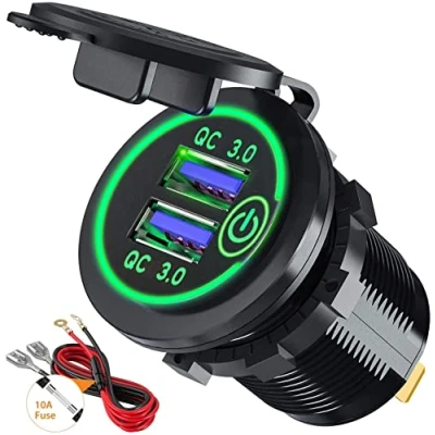 Immagine di QC3.0 Presa USB per Auto Doppio con Interruttore Touch 12V / 24V 36W 2 Porte Caricabatteria Impermeabile LED Indicazione (Verde)