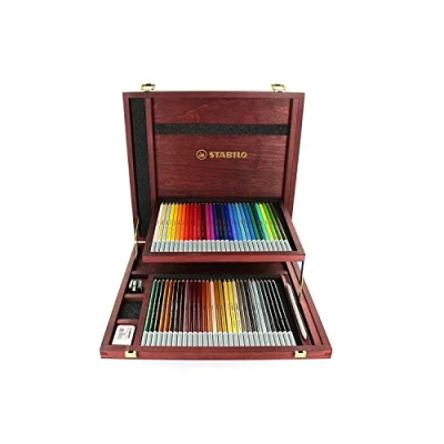 Immagine di Matita colorata Premium STABILO CarbOthello Cassetta in Legno richiudibile con doppio ripiano 60 Colori assortiti + accessori