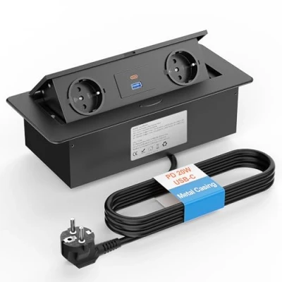 Immagine di Presa retrattile con USB C, Ohuo multipresa a 3 spine, retrattile, cavo 1,8 m, alluminio, nero