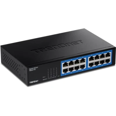 Immagine di TRENDnet Switch desktop Gigabit a 16 porte, TEG S17D, porte RJ 45, capacità di commutazione 32 Gbps, design senza ventola, custodia in metallo, alimentatore interno, protezione vita, nero