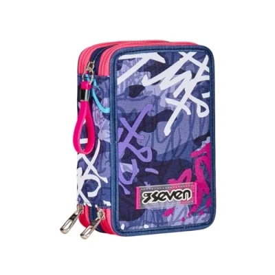 Immagine di Astuccio 3 Scomparti Seven, Viola, Triplo Scomparto, Completo di Matite, Pennarelli, Colori, Accessori Zaino, Elementari, Medie, Superiori, Bambina e Ragazza