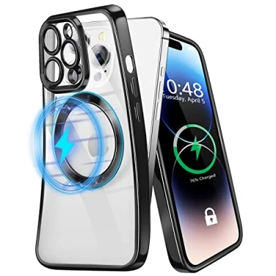 Immagine di KimFiyny Cover Magnetica per iPhone 14 Pro e Magsafe, sottile in silicone Custodia, Retro Trasparente Mai Giallo Con Protezione Completa Antiurto Custodia Cellulare (Nero)