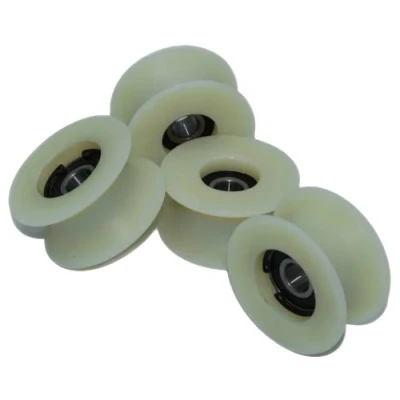 Immagine di Confezione da 4 ruote puleggia in nylon dal diametro di 60 mm, lavorate a macchina, con scanalatura diverse dimensioni, realizzate Europa (scanalatura 25 mm)