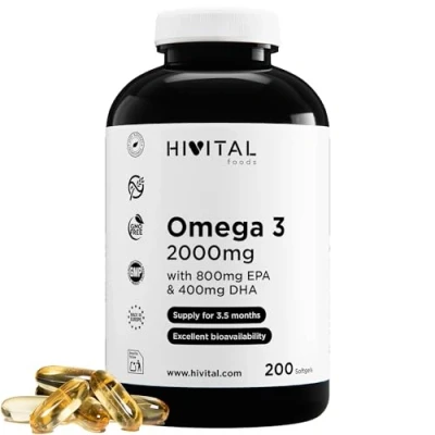 Immagine di Omega 3 2000 mg 200 capsule per più di mesi con 800 EPA, 400 DHA e Vitamina E. L&#039;unico Olio Pesce spagnolo che contribuisce alla salute del cuore, cervello degli occhi