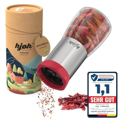 Immagine di kjøk Premium Macina peperoncino in acciaio inox e vetro trita con lama di taglio acciaio, macinino per spezie, capacità 100ml, coperchio salva aroma qualità