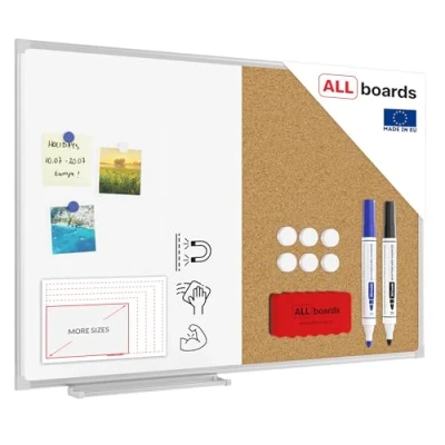 Immagine di ALLboards Lavagna Bianca Magnetica e in Sughero Combinata 90x60cm Scrivibile Cancellabile a Secco per Puntine Magneti Calamite