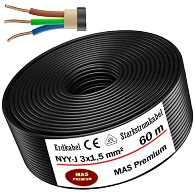 Immagine di MAS Premium® NYY J cavo elettrico di marca tedesca per la posa in esterni e terra, matassa alta tensione standard, prodotto Germania, 3 x 1,5 mm², 60 m