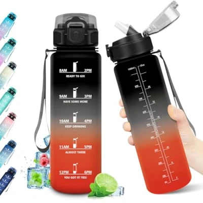 Immagine di Borraccia 1L, con Cannuccia e Indicatore del Tempo, Bottiglia Acqua Riutilizzabile, senza BPA, A Prova di Perdite, Sport per Fitness, Studenti, Palestra, Ufficio