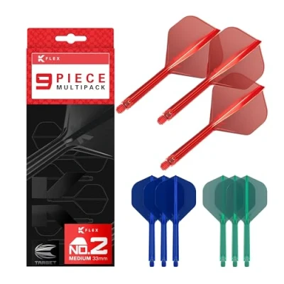 Immagine di Target Darts K Flex Integrated Dart Flights And Shafts, Stelo Medio (33 mm), No.2 Flight, Confezione da 9 Pezzi, Rosso, Blu e Verde