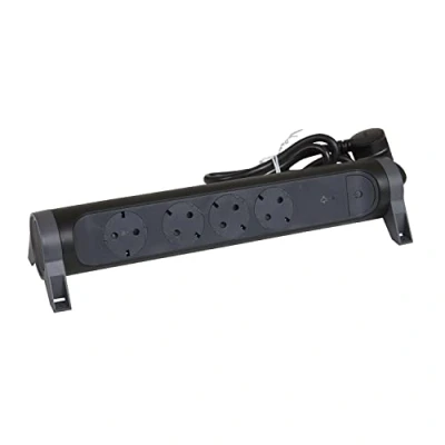 Immagine di Legrand, Ciabatta elettrica girevole, 4 prese, multipresa, protezione da sovratensione integrata con indicatore di stato (SPD), interruttore LED on/off, cavo 1,5 m, nero/grigio scuro 694511