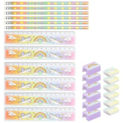 Immagine di com four® 4X Set da Scrittura per Bambini Scuola con Matita, Righello, temperino e Gomma Unicorno (16 Pezzi Unicorno)