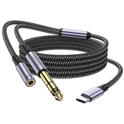 Immagine di MOSWAG cavo audio stereo da USB C a 6,35 mm 1/4 TRS 2M d&#039;ascolto di registrazione tipo jack per amplificatori, console missaggio, amplificatori basso elettrico